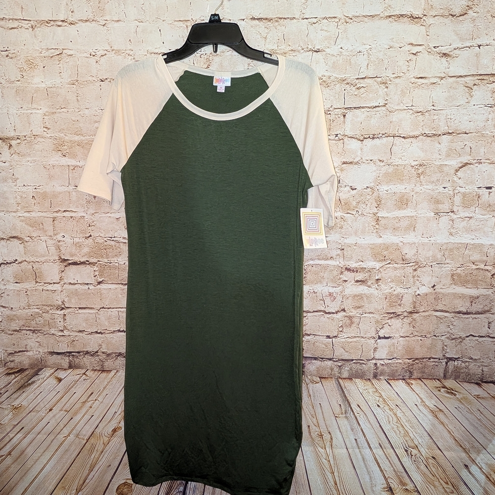 ♥️Lularoe Julia Medium Green Tan Raglan 3/4 Sleeves Women’s Casual Dress NWT